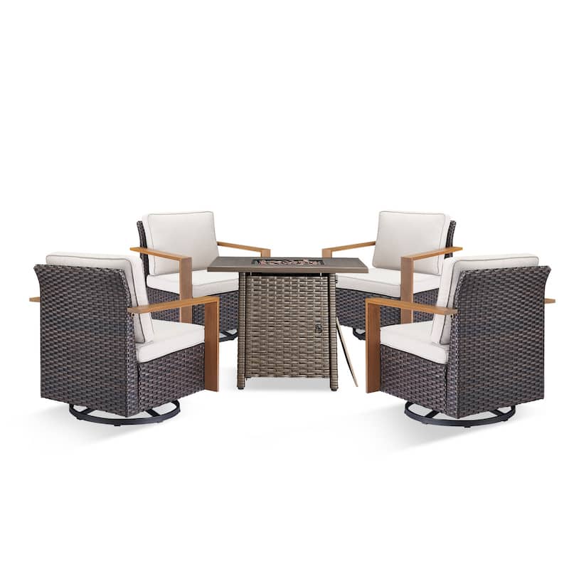 Pocassy 5-Piece Outdoor Swivel Chair with Fire Pit Table Set