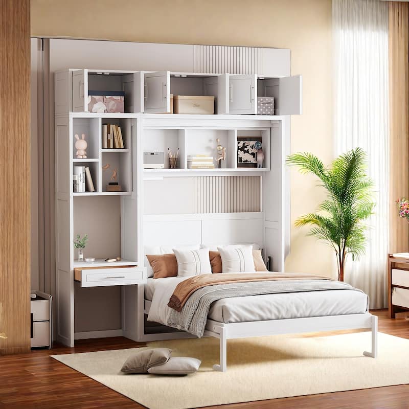 Full Size Murphy Bed with Built-In Desk and Storage with 3 Top Cabinets, Shelves and Workspace - White