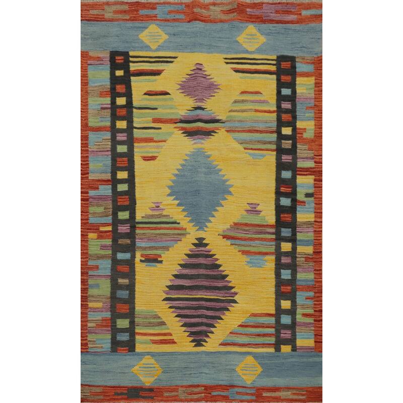 Hand Woven Oriental 100% Wool Carpet Southwestern Tribal Yellow & Gold Kilim Area Rug - 6' 2'' X 4' 0''