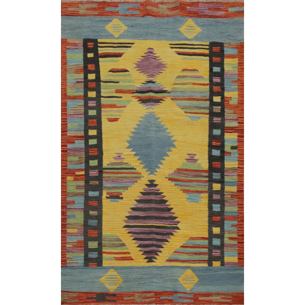 Hand Woven Oriental 100% Wool Carpet Southwestern Tribal Yellow & Gold Kilim Area Rug - 6' 2'' X 4' 0''
