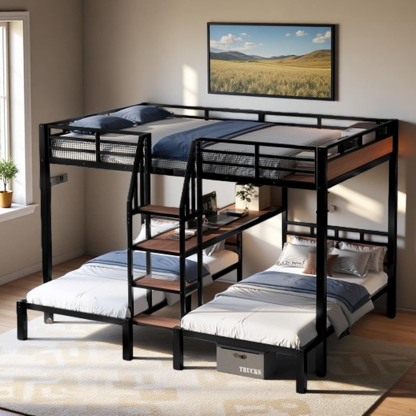 Queen Over Twin Over Twin Triple Metal Bunk Bed with Storage Stairs, Built-in Shelves and Upper Bed Platform