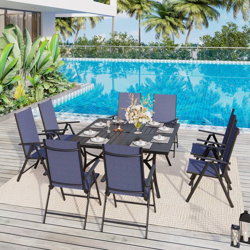 9 Pieces Patio Dining Set, 60 Inch Square Metal Table and Sling Dining Chairs Seats Up to 8 - Blue