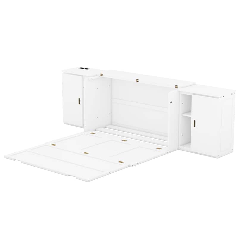 White Queen Size Murphy Bed with Shelves, Cabinets, and USB Charging Ports