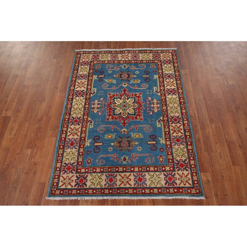 Blue Kazak Pakistan Accent Rug Hand-Knotted Wool Carpet - 3'5" x 4'10"