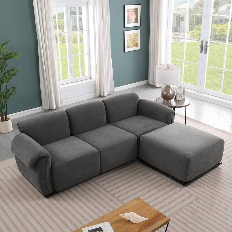 93" L-Shaped Modular Chenille Sectional Sofa with Movable Ottoman - Grey