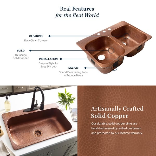 Santi Drop-In Handmade Pure Solid Copper 33 in. 50/50 1-Hole Double Bowl Copper Kitchen Sink in Antique Copper Santi Drop-In Handmade Pure Solid Copper 33 in. 50/50 1-Hole Double Bowl Copper Kitchen Sink in Antique Copper