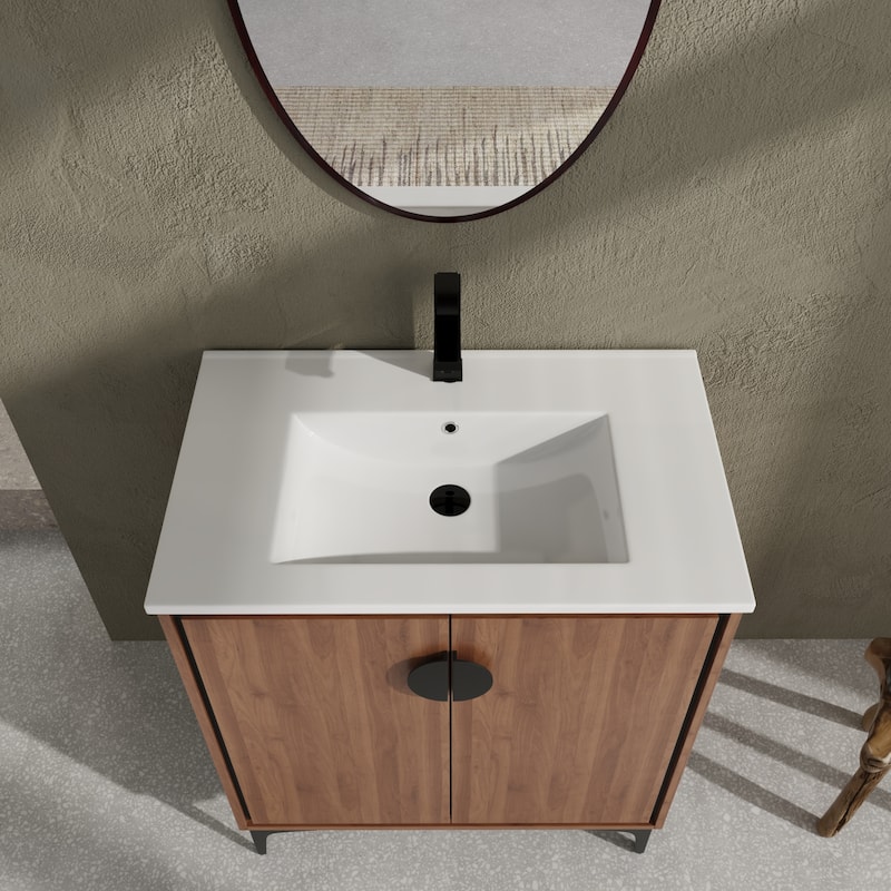 GDFStudio - Levistar Modern Freestanding Bathroom Vanity Cabinet with Ceramic Sink, Soft Close Doors & Metal Tripod - 30"