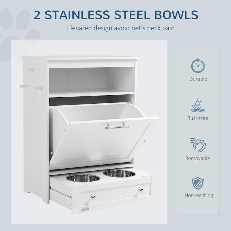 Pet Feeder Station Storage Cabinet, Dog Food Container with Dog Raised Bowls and Hanger for Feeding & Watering Supplies