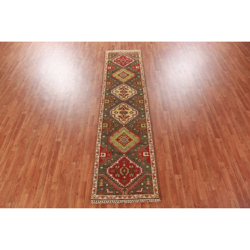 Hand Knotted Oriental 100% Wool Carpet Traditional Geometric Green Kazak Runner Rug - 9' 9'' X 2' 6''