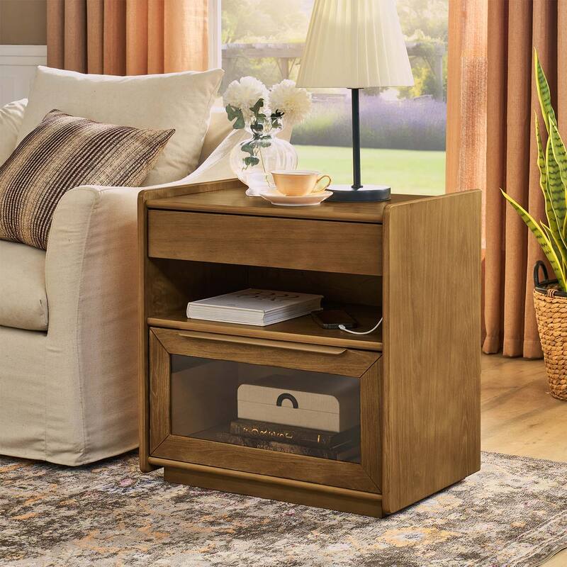 Mid Century Nightstand with Charging Station,2 Drawers,and Open Shelf,for Living Room and Dorm - Light Walnut
