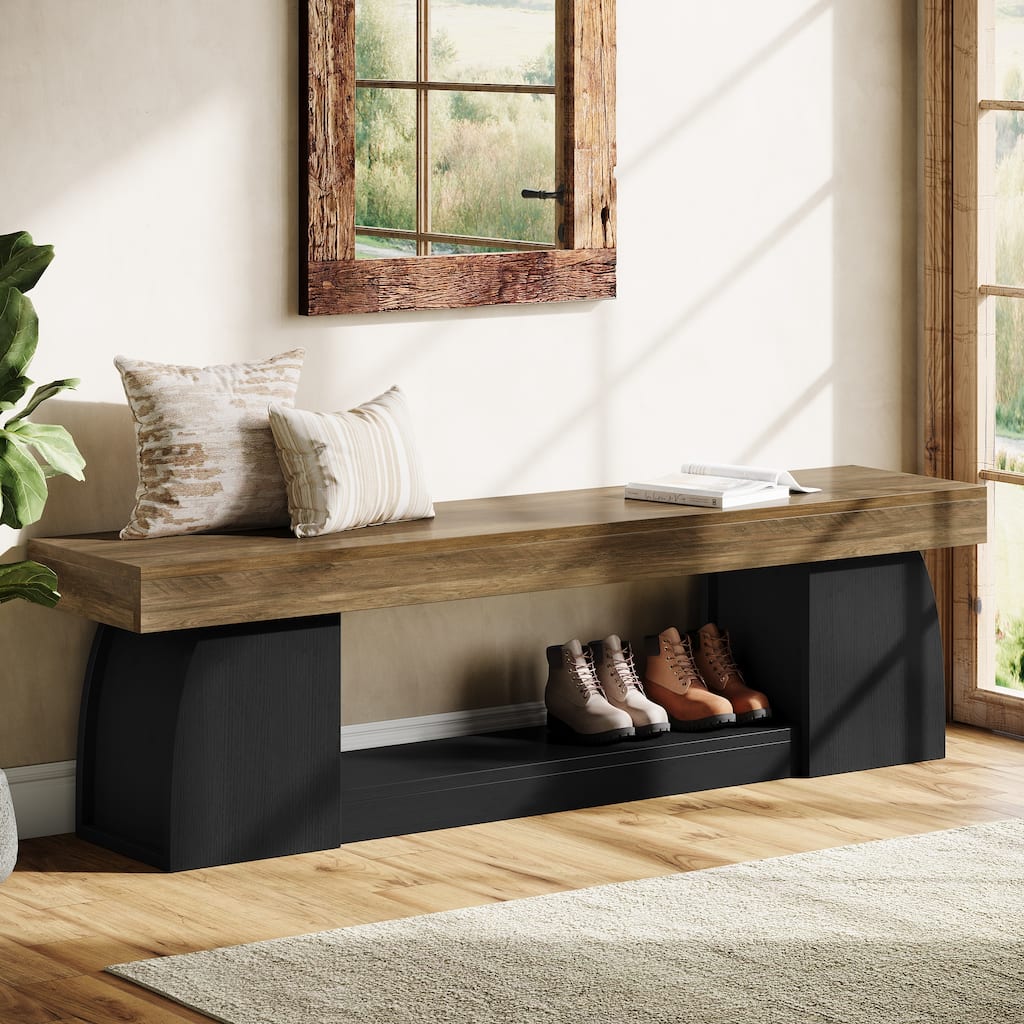63" Entryway Bench with Shoe Storage, Wooden Indoor End of Bed Bench - 13.7" D x 63" W x 17.7" H