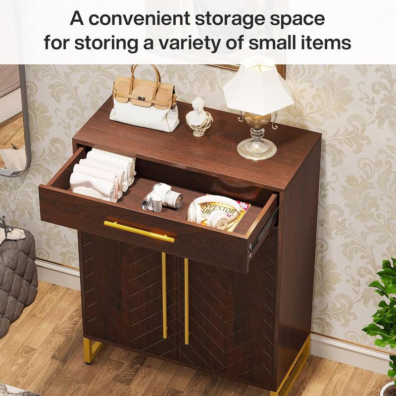 31.5" Walnut & Gold Wooden Shoe Storage Cabinet