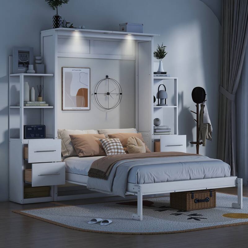 Space-Saving White Murphy Bed with Shelves, Drawers & LED Lights for Multi-Functional Rooms