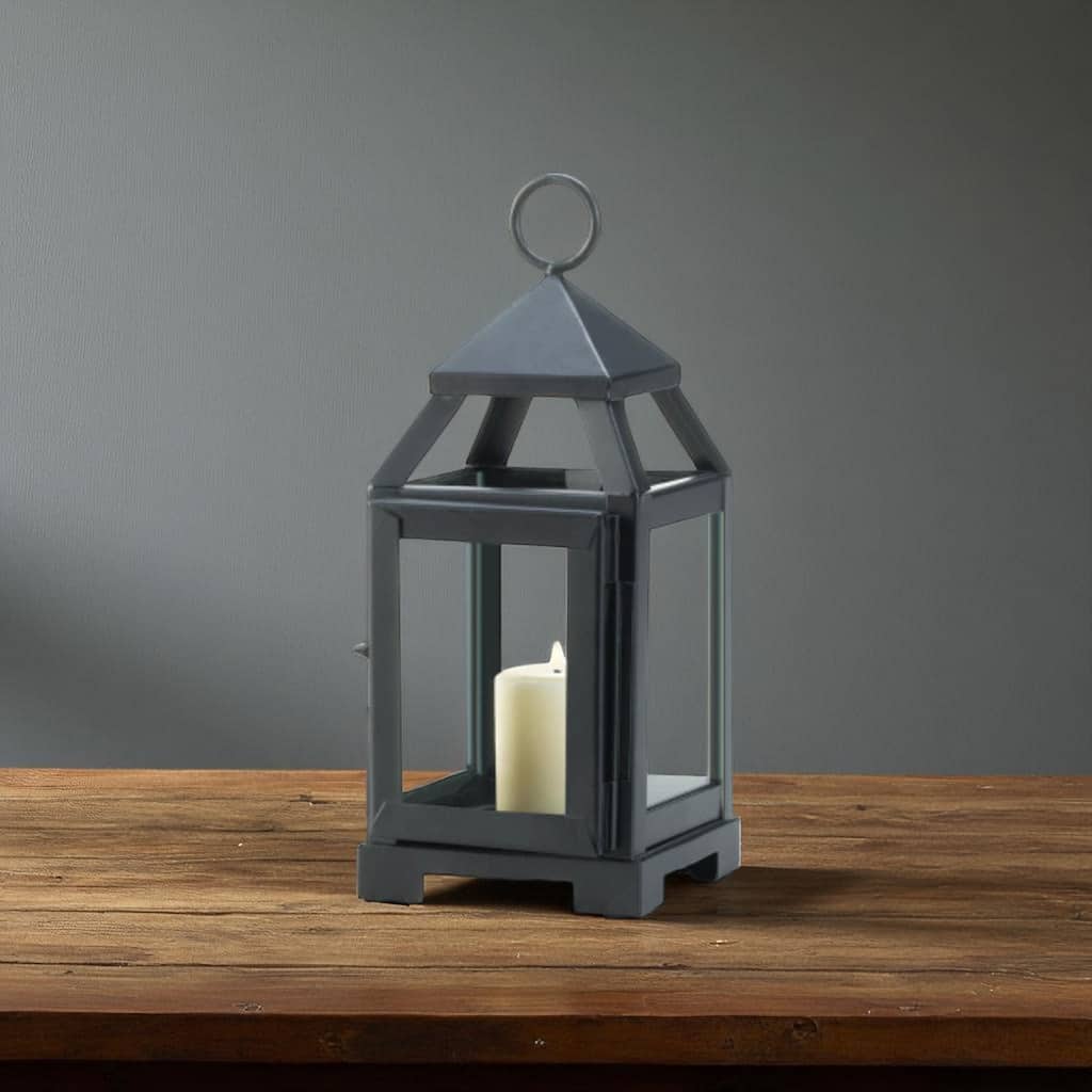 Black Mini Lantern with Iron Frame and Glass Panels Compact Modern Candle Holder for Home Decor - 3.62” x 4” x 8.75”