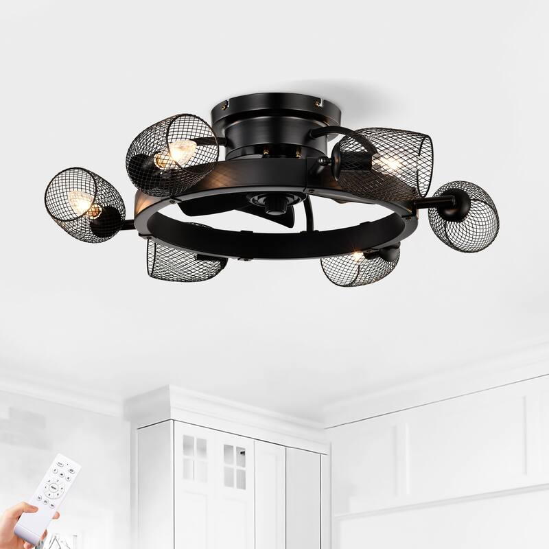 Cusp Barn 25.8'' Industrial Ceiling Fan with Remote, 5 ABS Blades Quiet DC Motor Black Fandelier Ceiling Fan for Bedroom - Black
