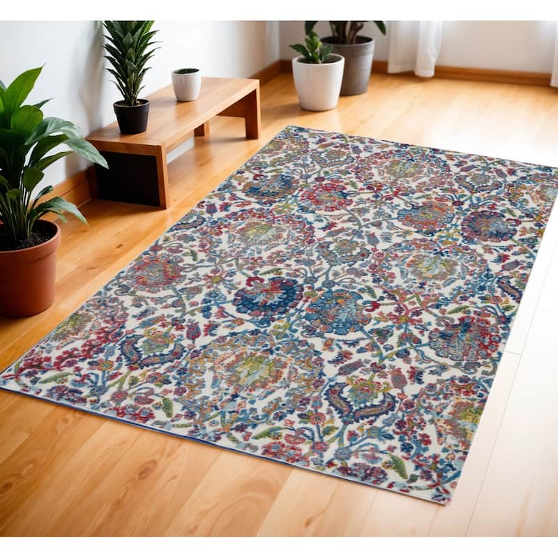 Cibe Power Loomed Distressed Floral Traditional Non Skid Area Rug By HomeRoots - 72' X '48' X '0.5 - 72' X '48' X '0.5 - Oxford Blue - Rectangle