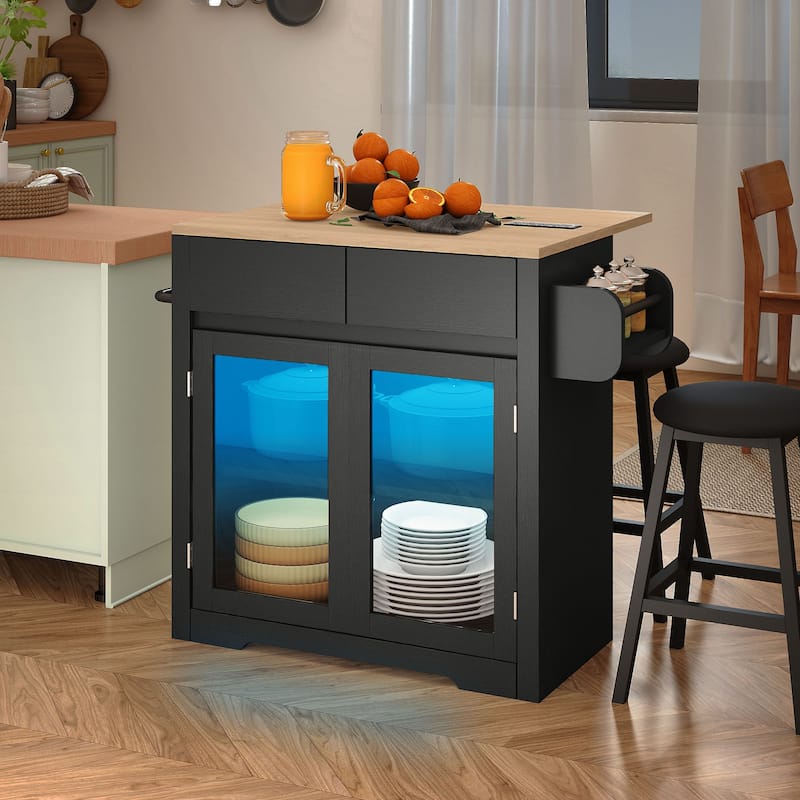 Moasis Rolling Kitchen island with Seating and LED Lights,Mobile Storage Islands with Drop Leaf, Dining Table with Power Outlet - Black