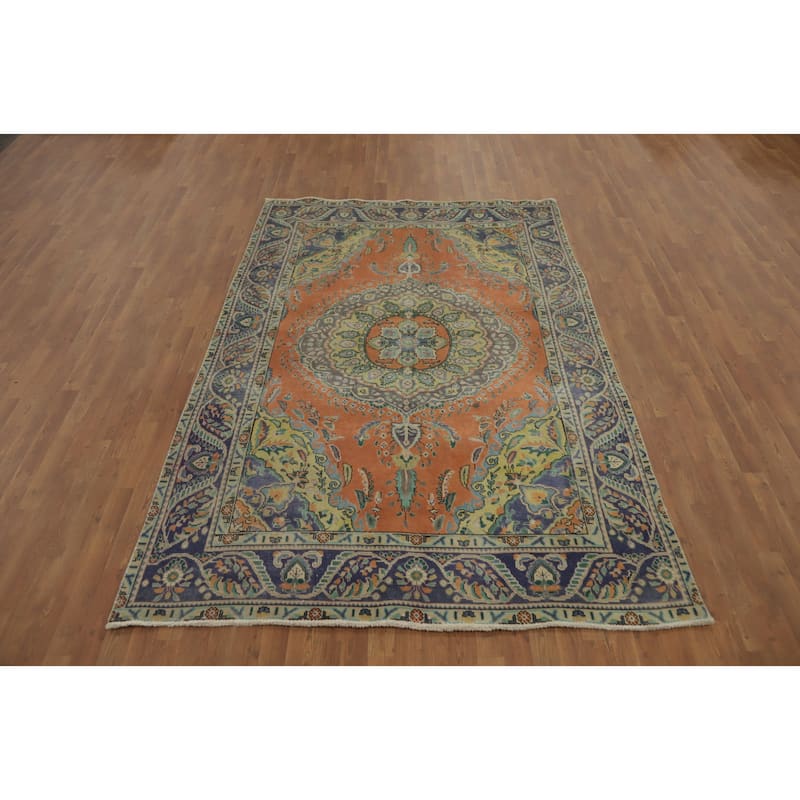 Hand Knotted Oriental 100% Wool Carpet Traditional Medallion Oranges & Rust Tabriz Area Rug - 9' 2'' X 6' 3''