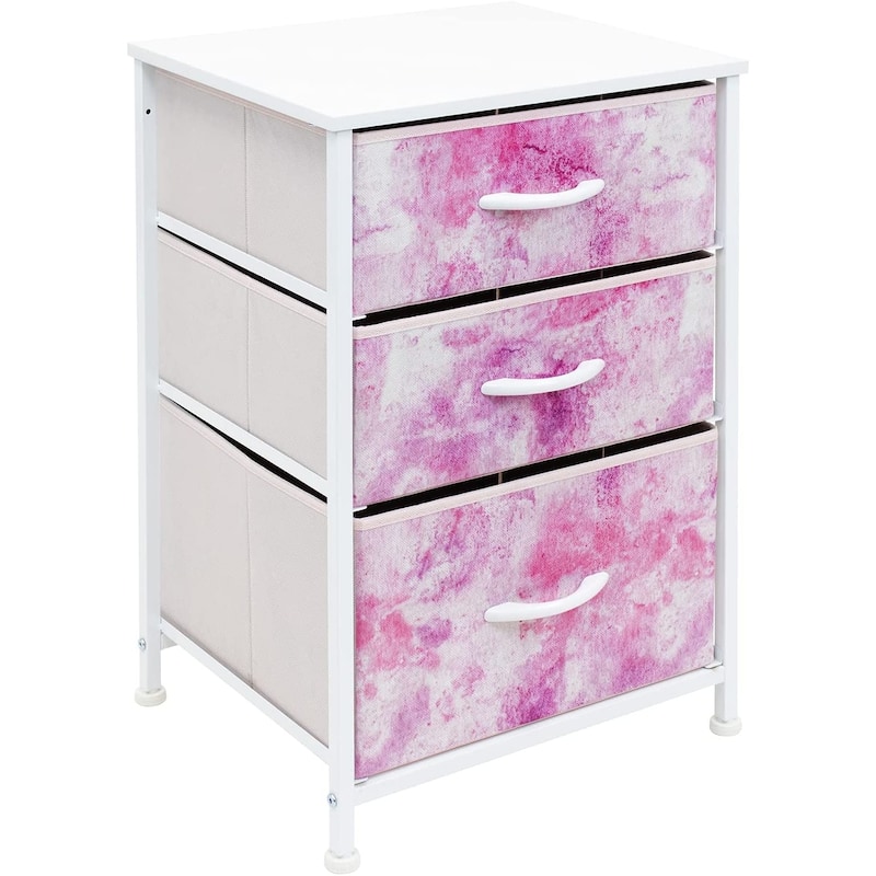 Nightstand 3-Drawer Shelf Storage - Bedside Furniture End Table Chest - Tie-Dye Pink