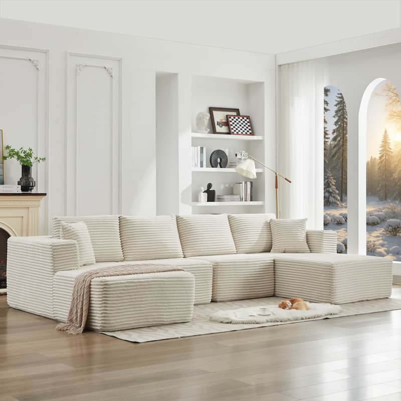 106" Corduroy Upholstery L-Shaped Cloud Modular Sectional Sofa with Chaise and Pillows, All-Foam Compression Design