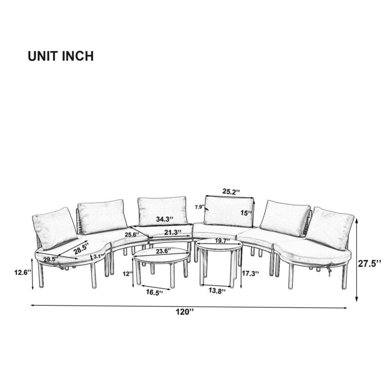 8-Piece Patio Sofa Furniture Set, Half Moon Sectional Sofa with 2 High-Low Coffee Tables, 6 Pillows & Cushions
