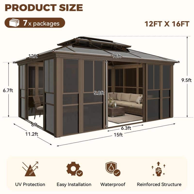 EROMMY Sunroom Gazebo with Double Roof, Adjustable Windows & Lockable Sliding Doors for Patio, Garden, and Backyard