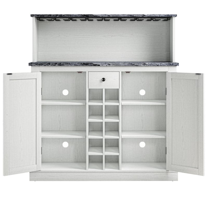 47 in. Wood Buffet Bar Cabinet with Wine Rack with granite pattern countertop - White