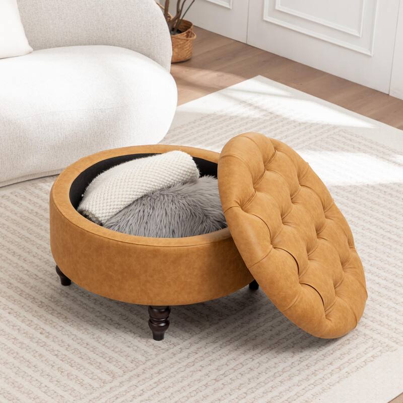 SEYNAR 29.5''Modern PU Leather Round Storage Ottoman with Wood Legs
