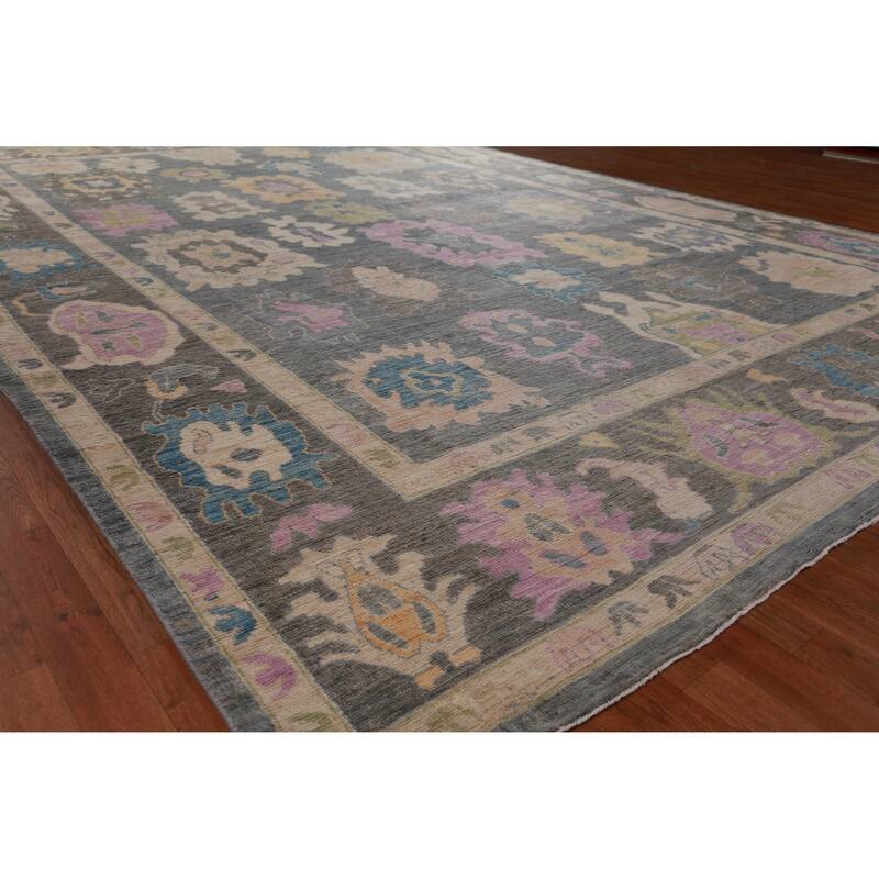 Hand Knotted Oriental 100% Wool Carpet Transitional All-Over Greys & Charcoal Oushak Area Rug - 14' 4'' X 9' 11''