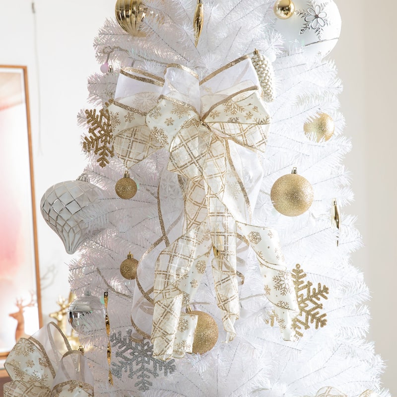Glitzhome 191-Piece Glitter Ribbon Bow Gold Silver Ball Shatterproof Ornaments Xmas Tree Decor