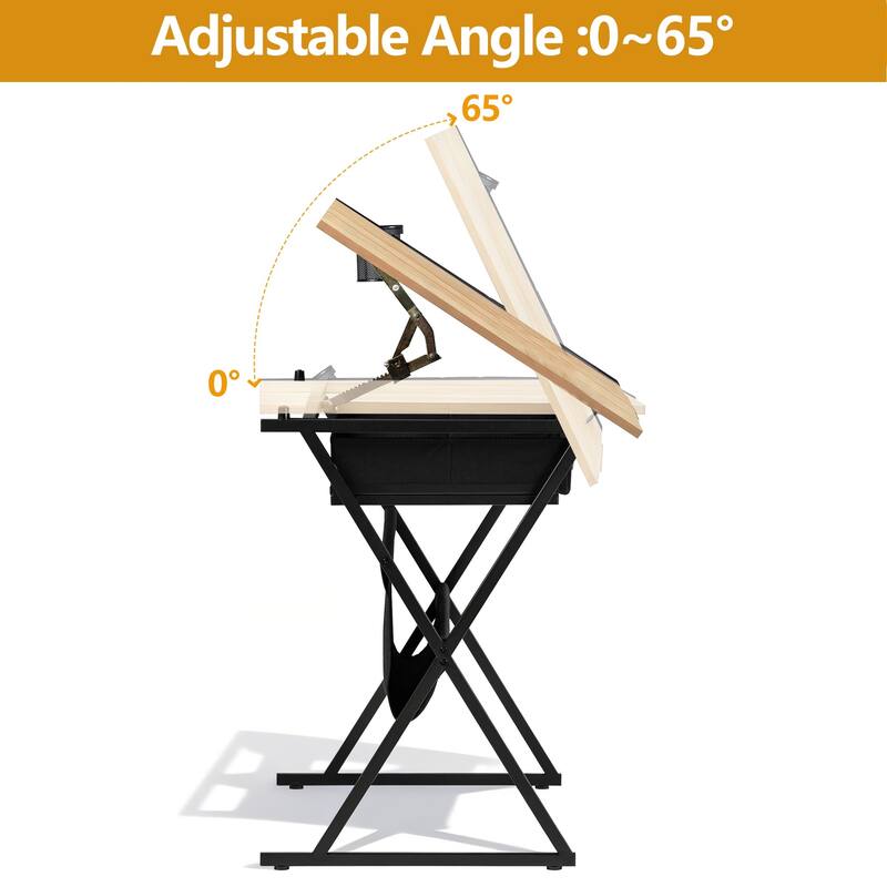 VECELO Drafting Table Set with Stool Set of 2 Tilting Art Desk with Pencil Ledge Storage Drawers with X-Frame for Home Studio