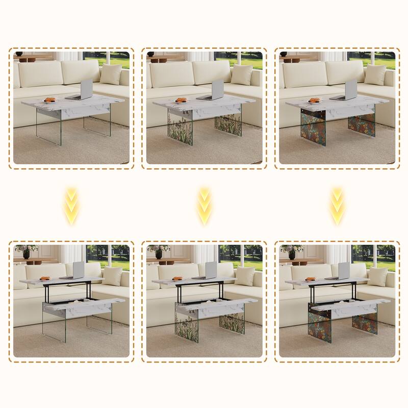 Multifunctional Lift-Top Coffee Table with Tempered Glass Legs, Rectangular Living Room Table 2-Tier Center Table