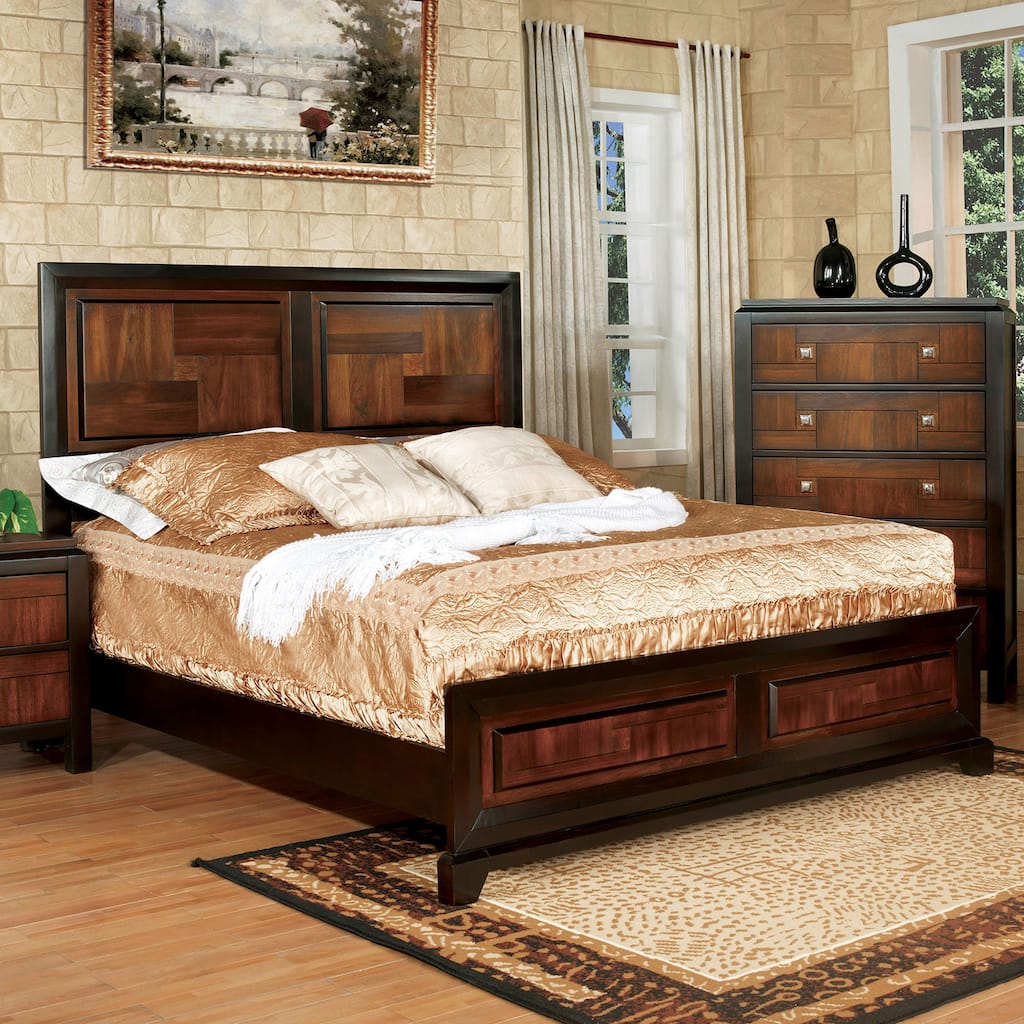 Queen Size Solid Wood Platform Bed with Parquet Headboard and Transitional Design