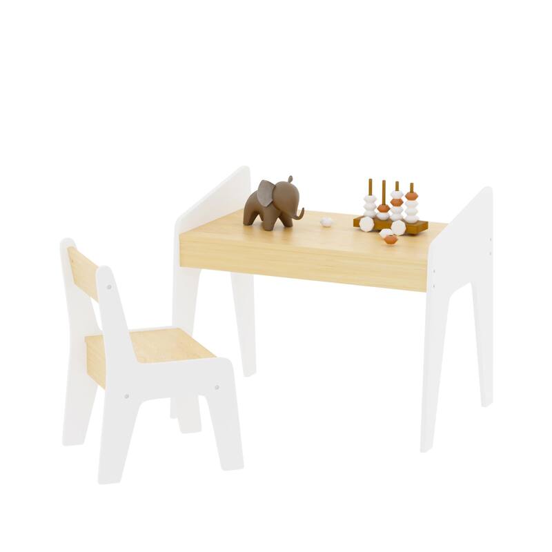White and Beige Kids Table and Chair Set MDF Wood Durable Modern Design for Study Play and Arts Activities