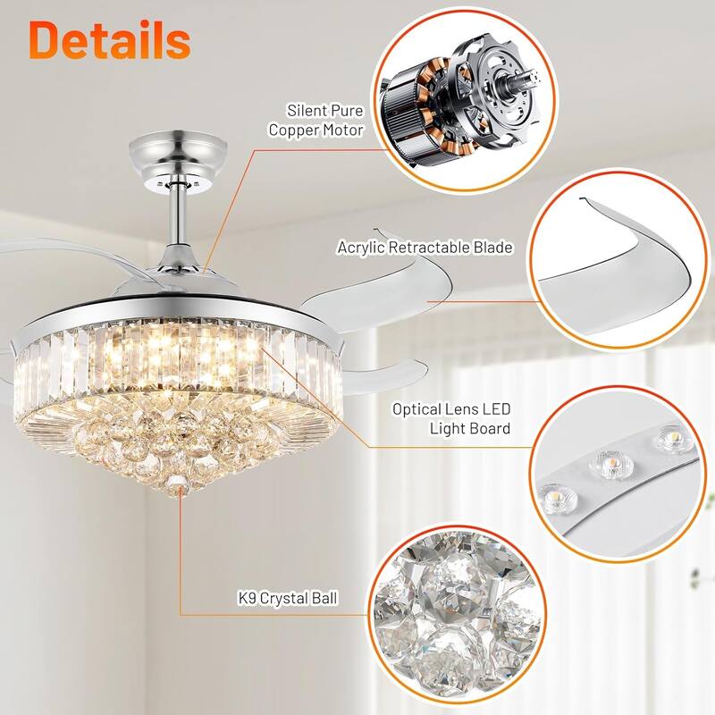 42" Fandelier Ceiling Fan with Light, Retractable Chandelier Fan LED Dimmable Crystal Ceiling Fan for Bedroom Living Room
