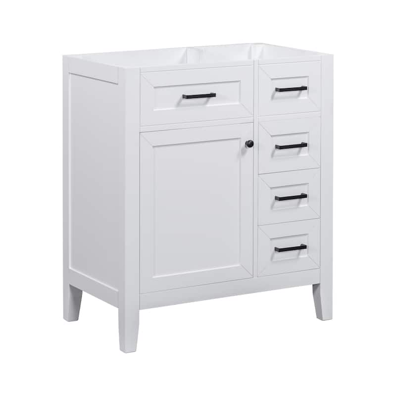 30" White Bathroom Vanity Base - Solid Wood & MDF, Freestanding Cabinet with Storage Drawers & Shelves