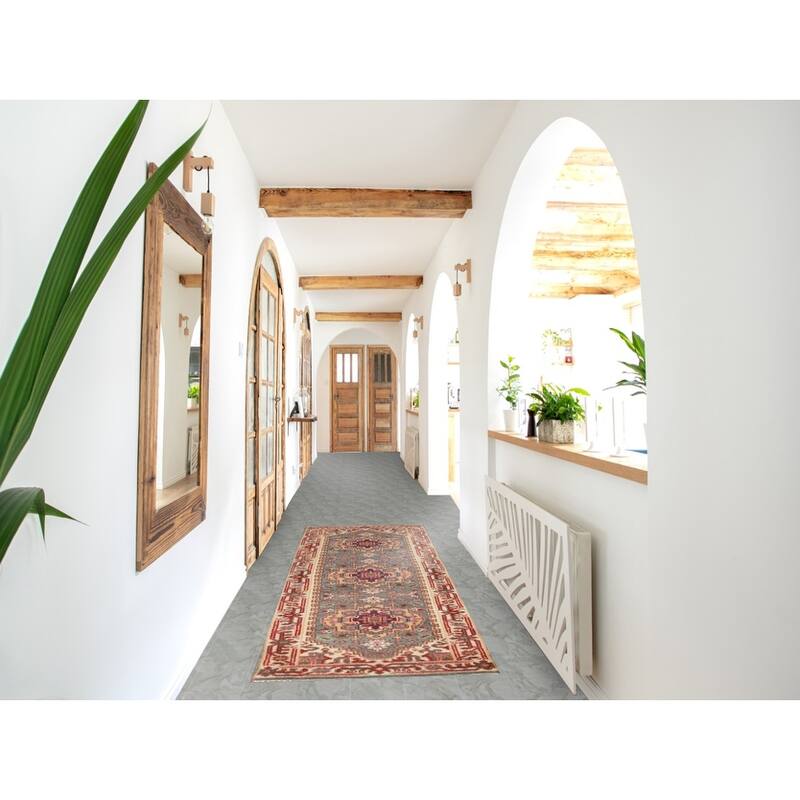 Hand Knotted Oriental 100% Wool Carpet Traditional Geometric Greys & Charcoal Heriz (serapi) Runner Rug - 8' 2'' X 2' 6''