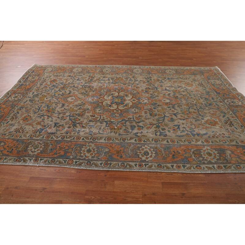 Distressed Tabriz Persian Antique Rug Handmade Floral Wool Carpet - 6'6"x 10'2"