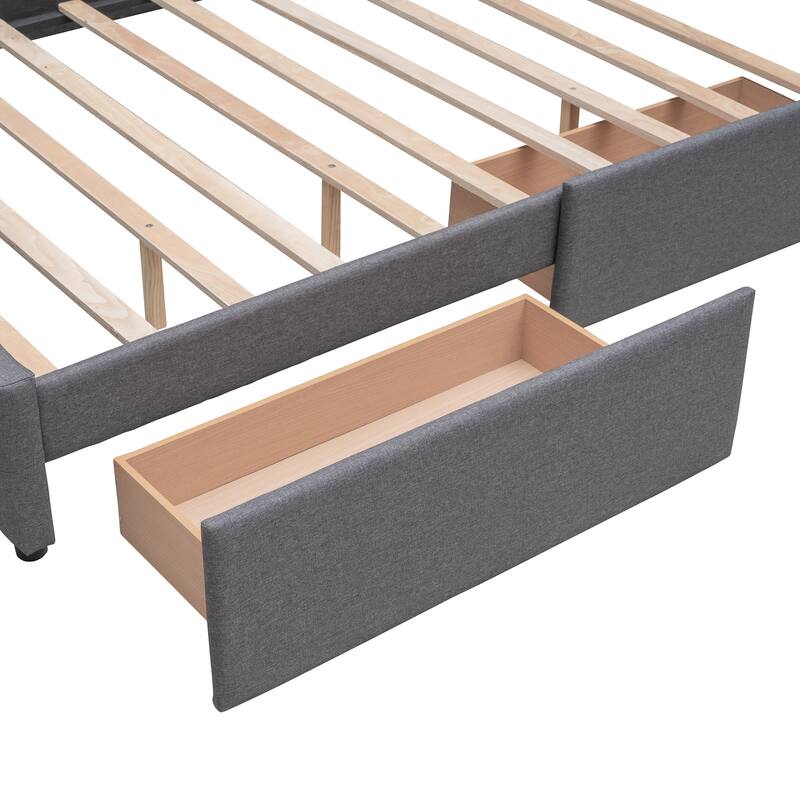 Roomfitters Queen Upholstered Platform Bed with Pull-Out Trundle, Modern Tufted Headboard