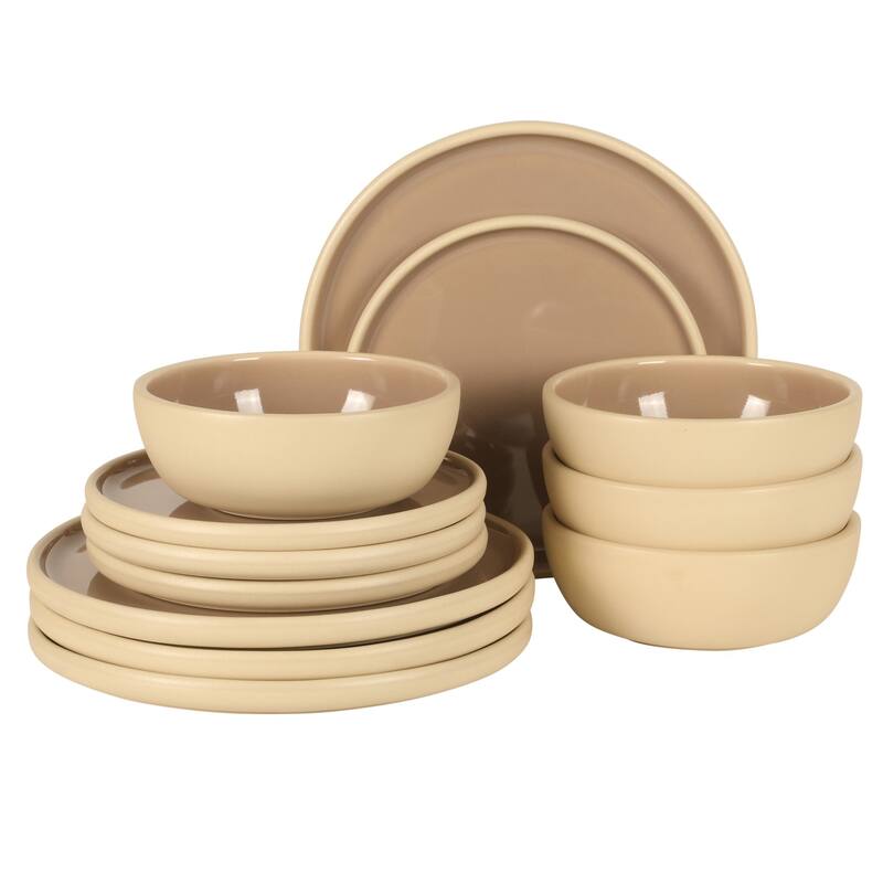 Gibson Elite - Made in Portugal - Port Gaia 12 Piece (Service for 4) Reactive Glaze Dishes Stoneware Ceramic Dinnerware Set - Beige
