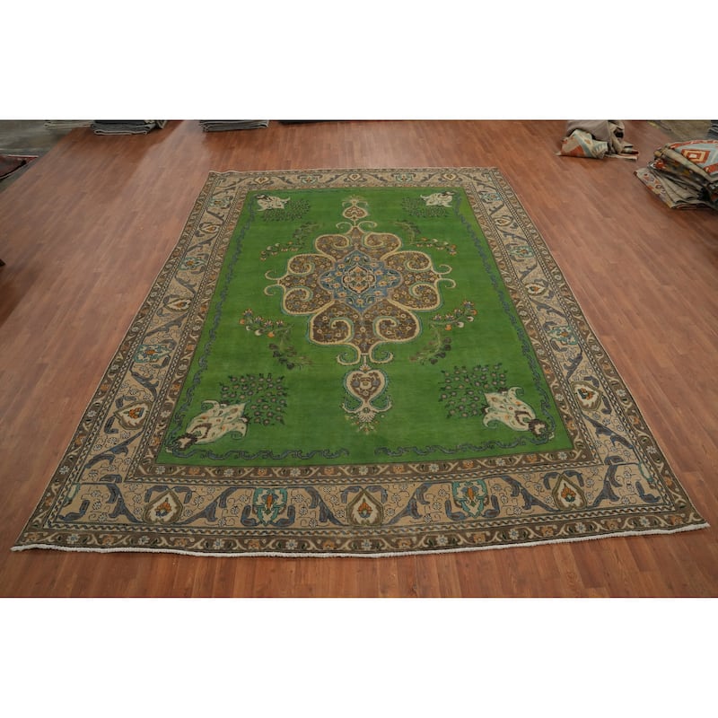 Hand Knotted Oriental 100% Wool Carpet Traditional Medallion Green Tabriz Area Rug - 13' 0'' X 9' 8''