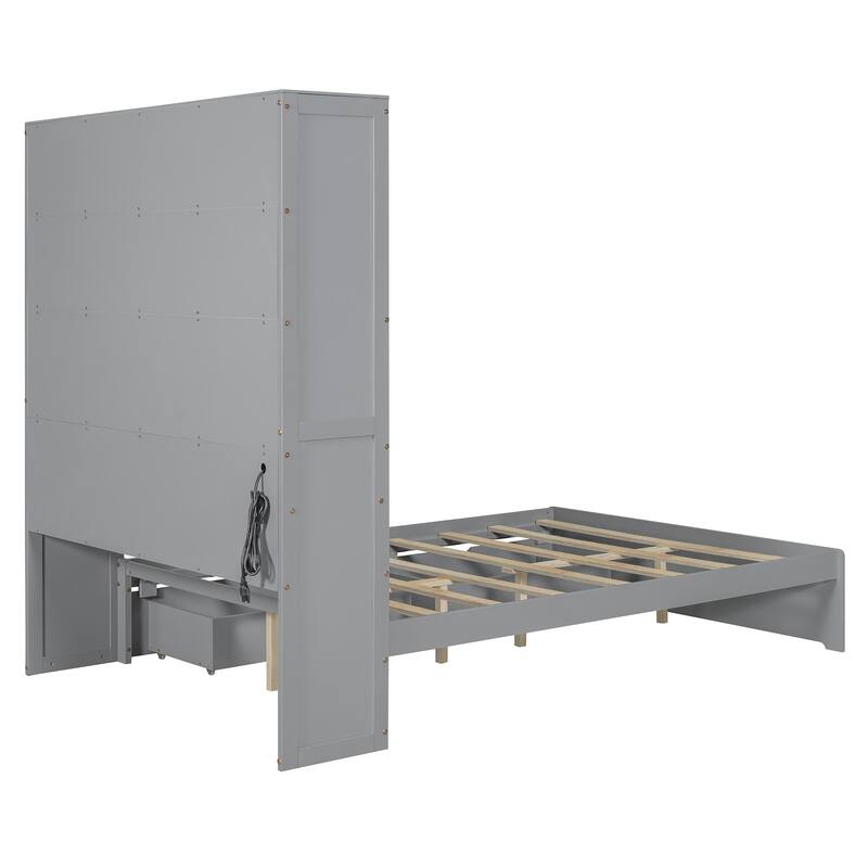 Full Size Wooden Platform Bed with Charging Station, Integrated Storage Headboard and 2 Drawers, No Box Spring Needed