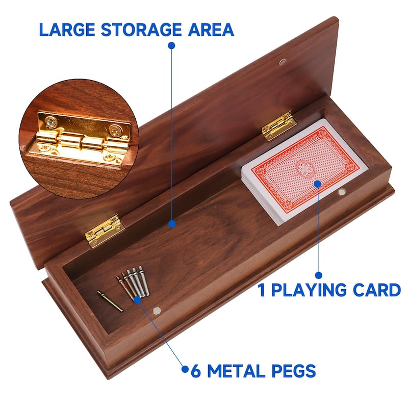 GSE™ Deluxe 2-Track Wooden Cribbage Board Game Box with Playing Card Deck, 6 Metal Pegs and Storage Drawer