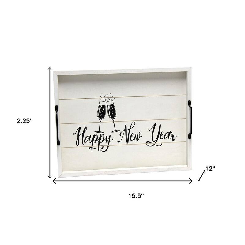 HomeRoots 16" Light Gray And Black Happy New Year Serving Tray With Handles - 15.50 in. x 2.25 in. x 12.00 in.