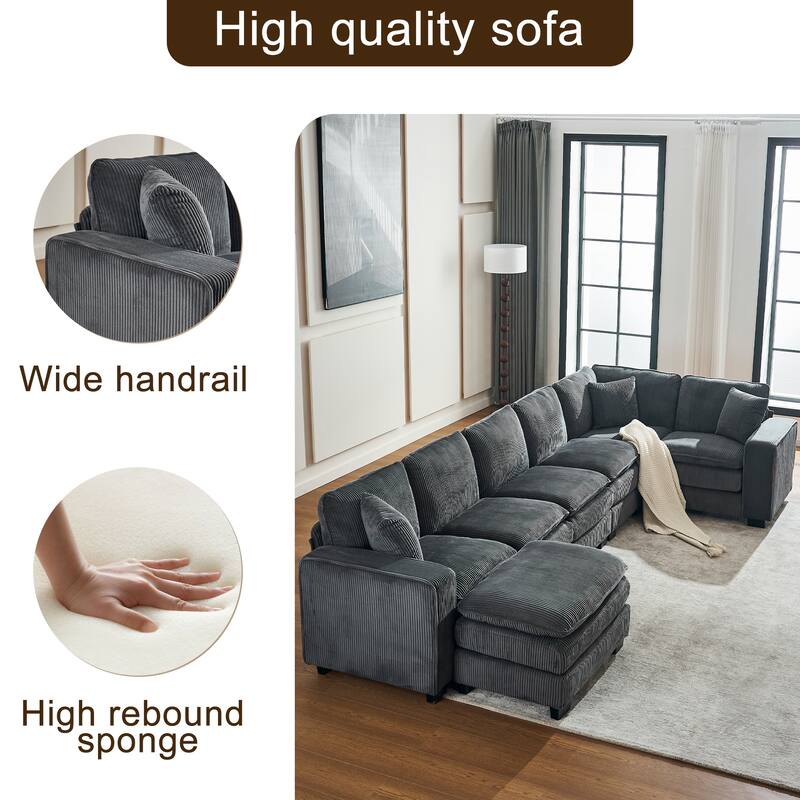 Modular Sectional Sofa for Living Room, U Shaped Sofa Couch with Ottoman and Three Toss Pillows, Corduroy Fabric Sofa Set