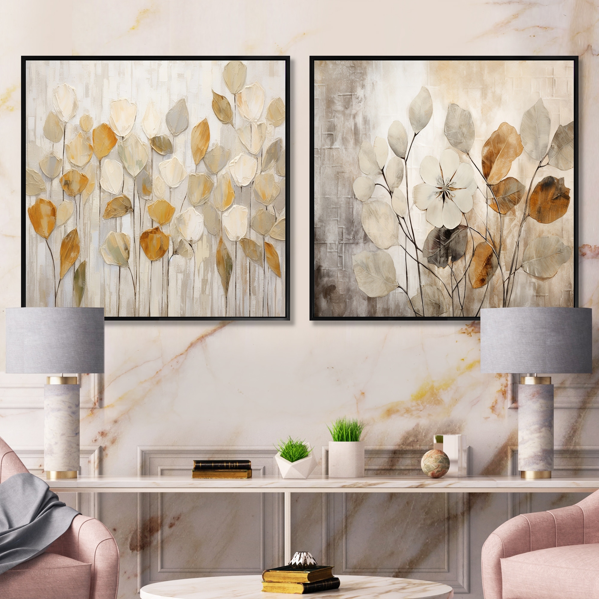 Designart "Beige Ethereal Forest" Abstract Botanicals Framed Art Set Of 2 Modern Wall Decor Set Beige Wall Art 2 Pieces