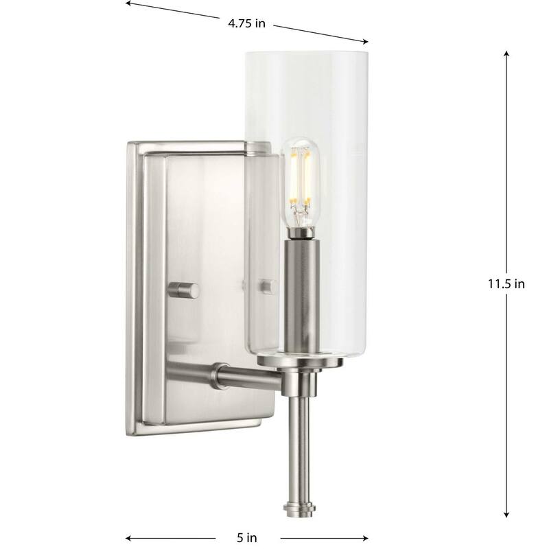 Elara Collection One-Light Brushed Nickel Clear Glass Vanity Light - 4.75 in x 5 in x 11.5 in