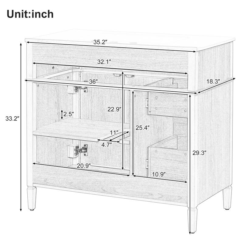 36" Bathroom Vanity with Ceramic Sink, Flip-Out Drawer, 3 Drawers, Soft Close Doors, Solid Wood & MDF Cabinet