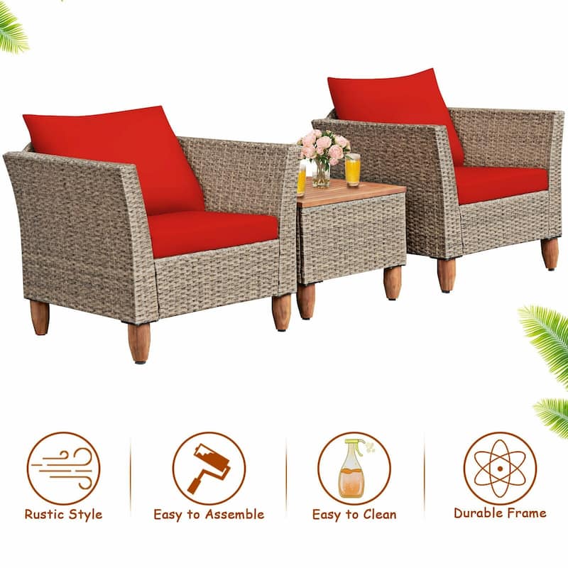 3 Pieces Patio Rattan Furniture Set with Washable Cushion for Yard Porch - 29" x 27" x 28"(L x W x H)