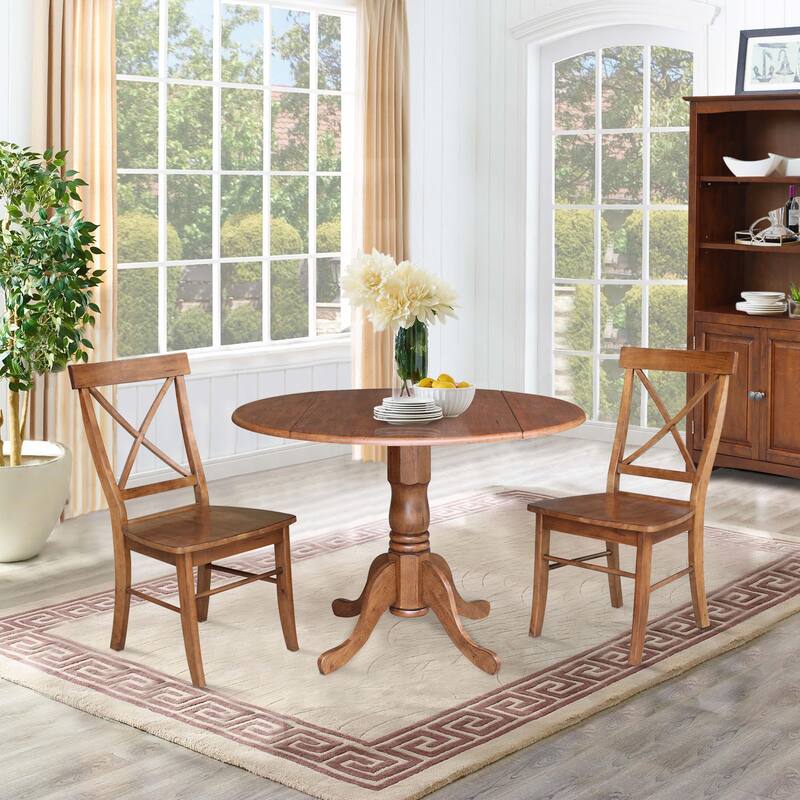 42" Solid Wood Dual Drop Leaf Table With 2 X-Back Chairs - 3 Piece Set - Distressed Oak